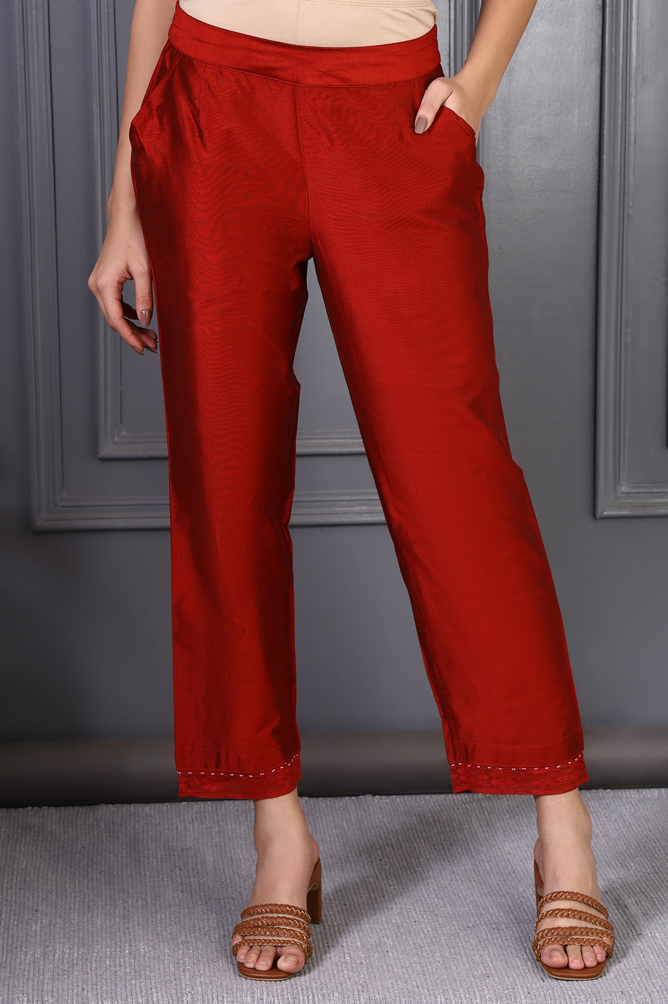 Red Solid Mid-Rise Straight Pants with Lace