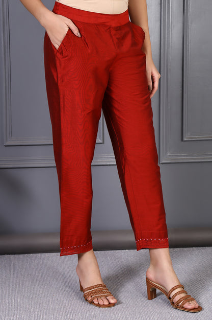 Red Solid Mid-Rise Straight Pants with Lace