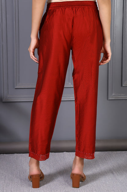 Red Solid Mid-Rise Straight Pants with Lace