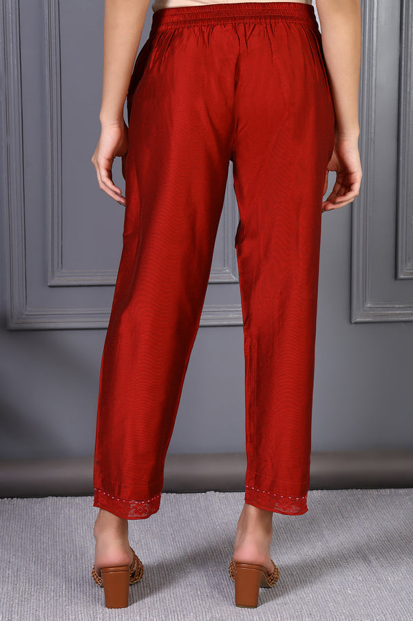 Red Solid Mid-Rise Straight Pants with Lace