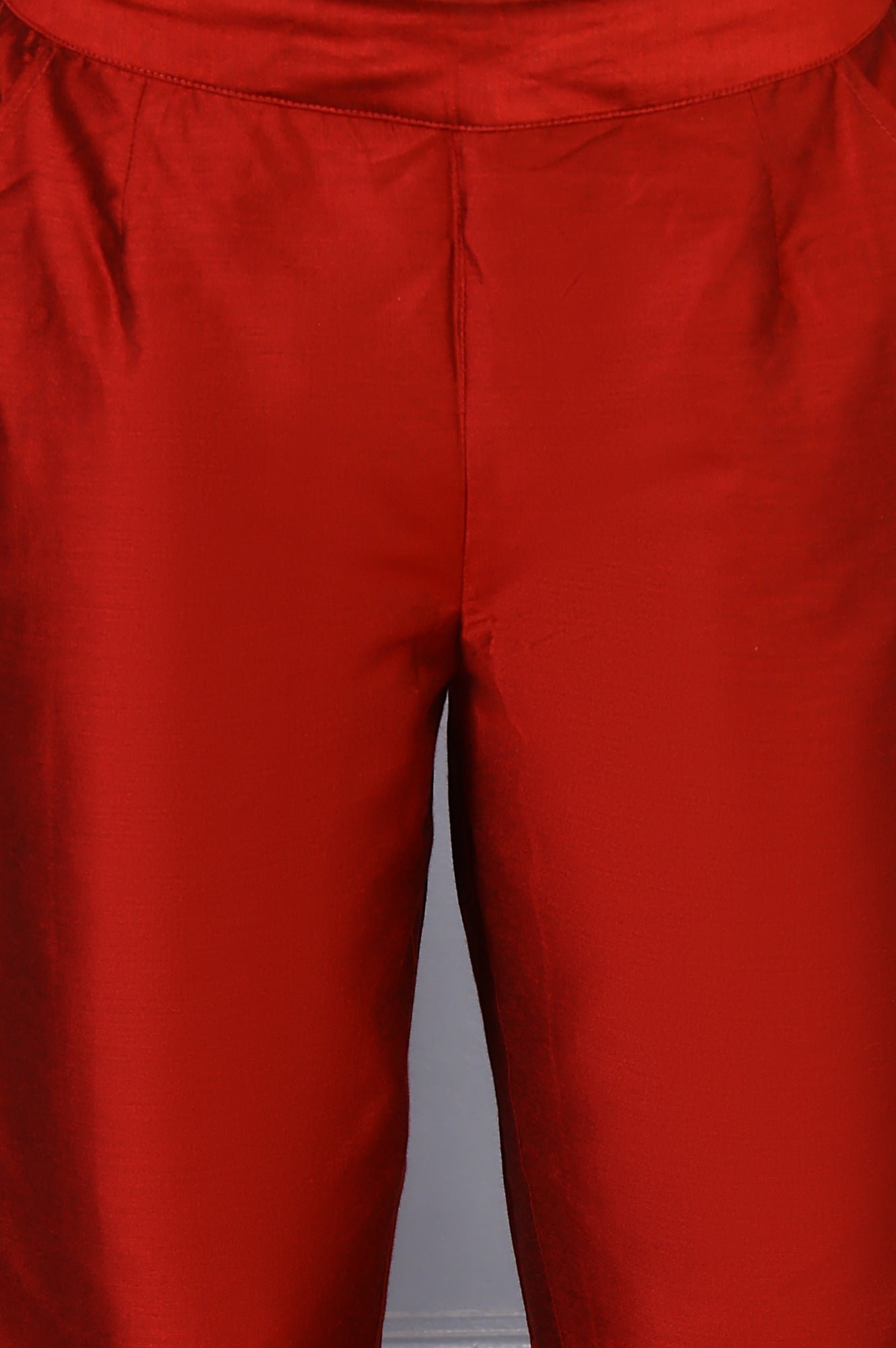 Red Solid Mid-Rise Straight Pants with Lace