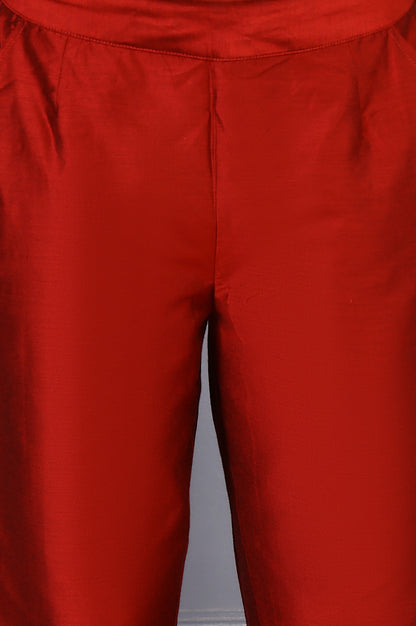 Red Solid Mid-Rise Straight Pants with Lace
