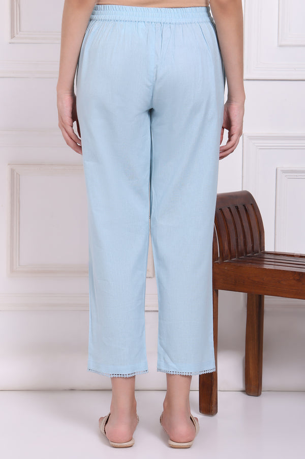 Blue Solid Cotton Flax Straight Pants with Lace