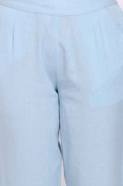 Blue Solid Cotton Flax Straight Pants with Lace