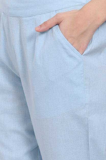 Blue Solid Cotton Flax Straight Pants with Lace