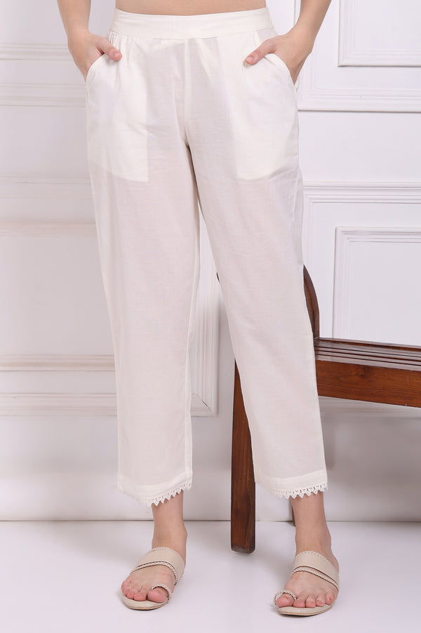 White Solid Pure Cotton Ankle Length Straight Pants with Lace