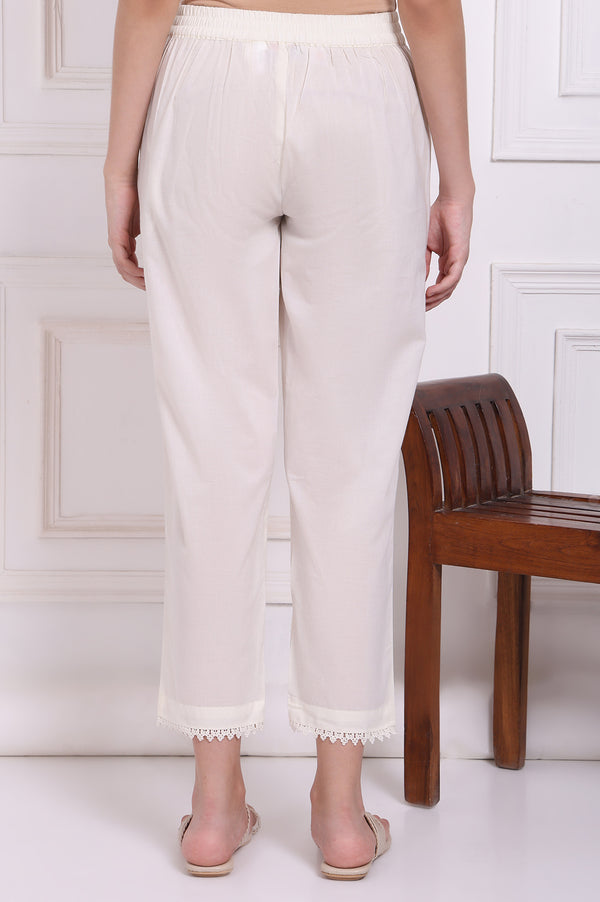 White Solid Pure Cotton Ankle Length Straight Pants with Lace