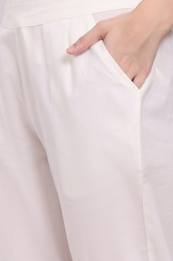 White Solid Pure Cotton Ankle Length Straight Pants with Lace