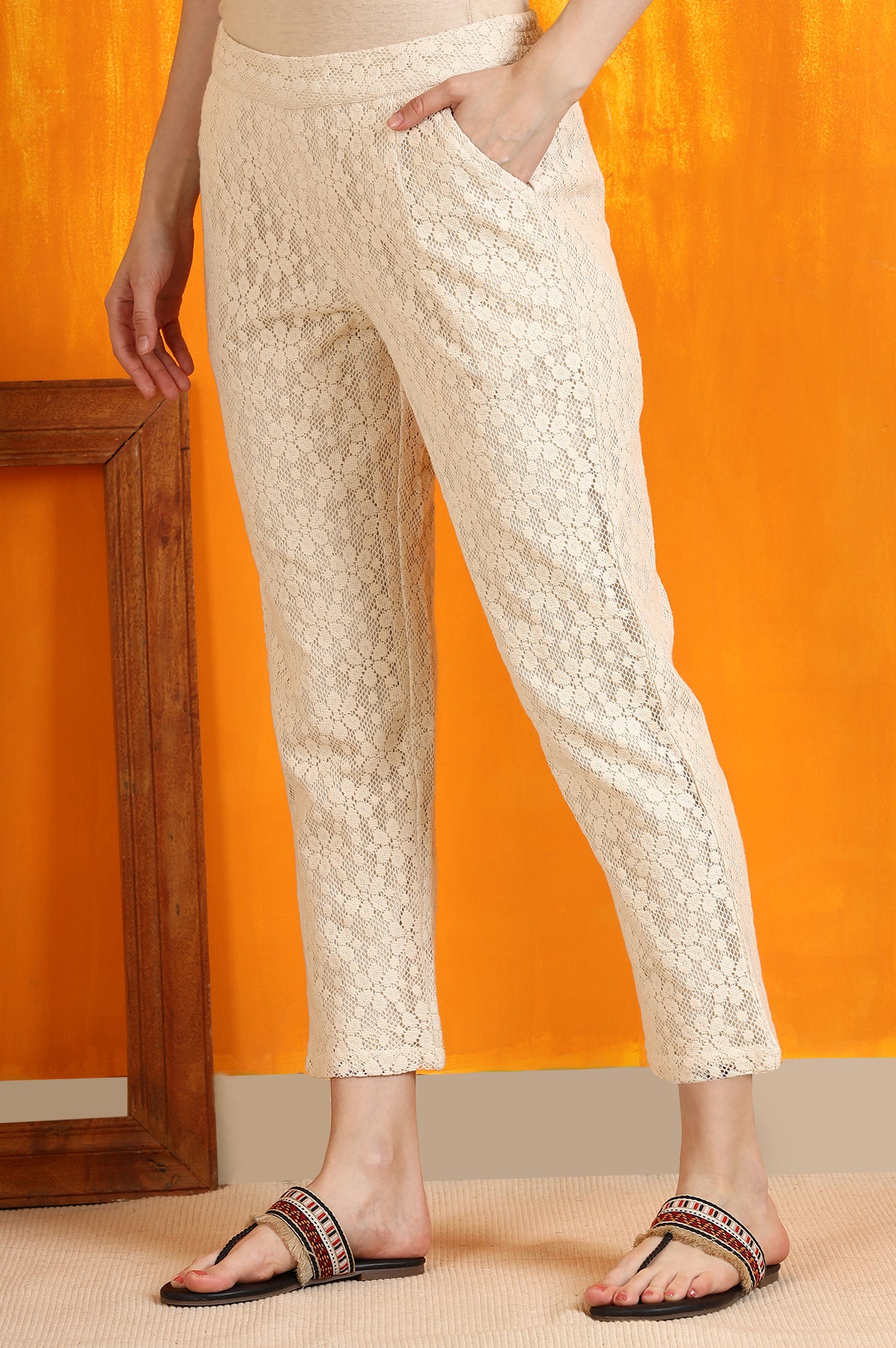 Off-White Cotton Lace Trouser Pants