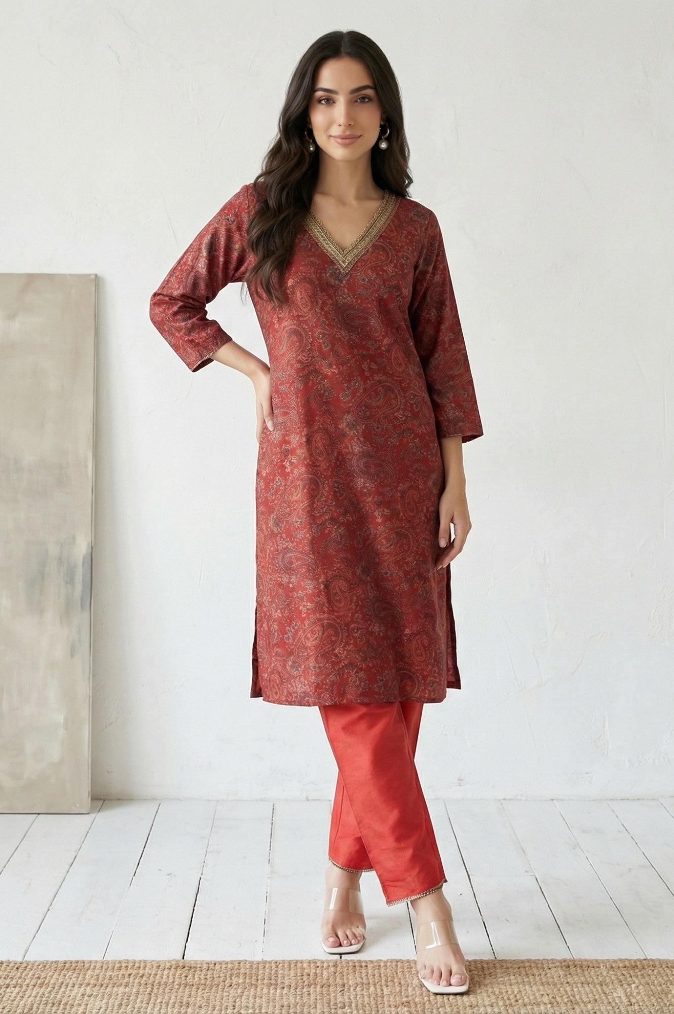 Red Solid Straight Fit Ankle Length Straight Pants