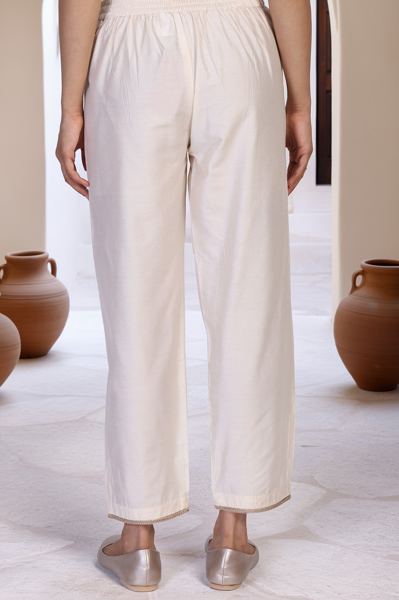 Off White Solid Tape Straight Rayon Pant