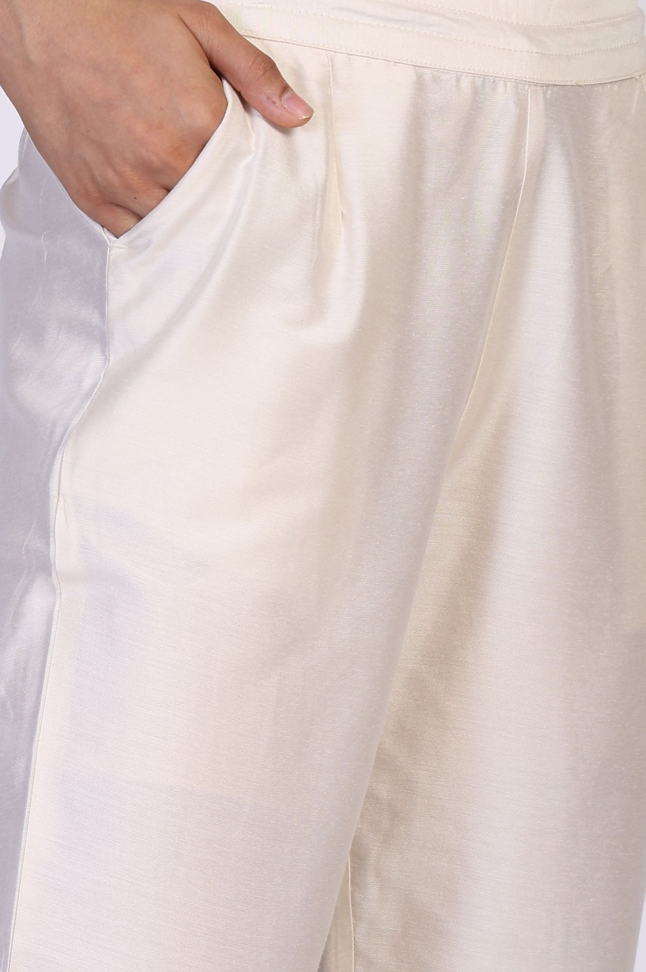 Off White Solid Tape Straight Rayon Pant