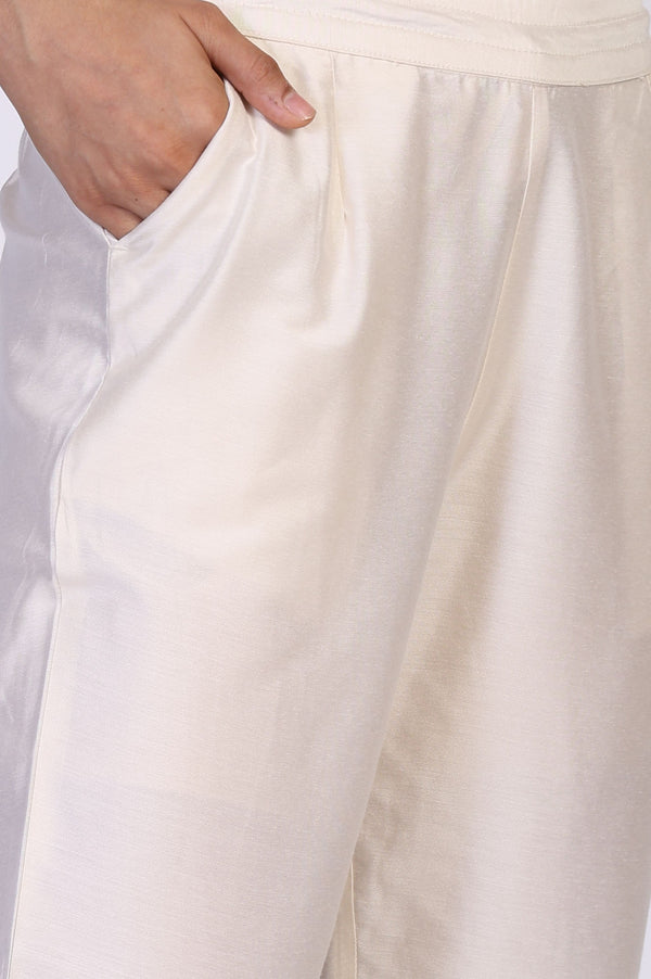 Off White Solid Tape Straight Rayon Pant