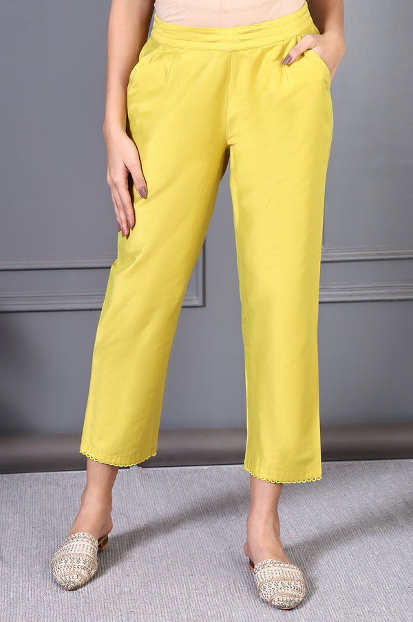 Yellow Solid Lace Mid-Rise Straight Pant