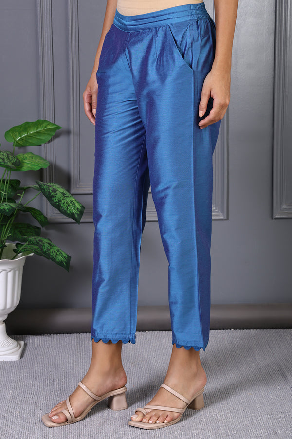 Blue Solid Lace Mid-Rise Straight Pant
