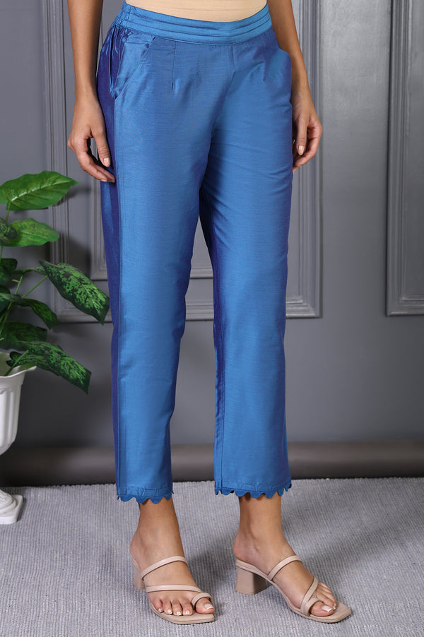 Blue Solid Lace Mid-Rise Straight Pant
