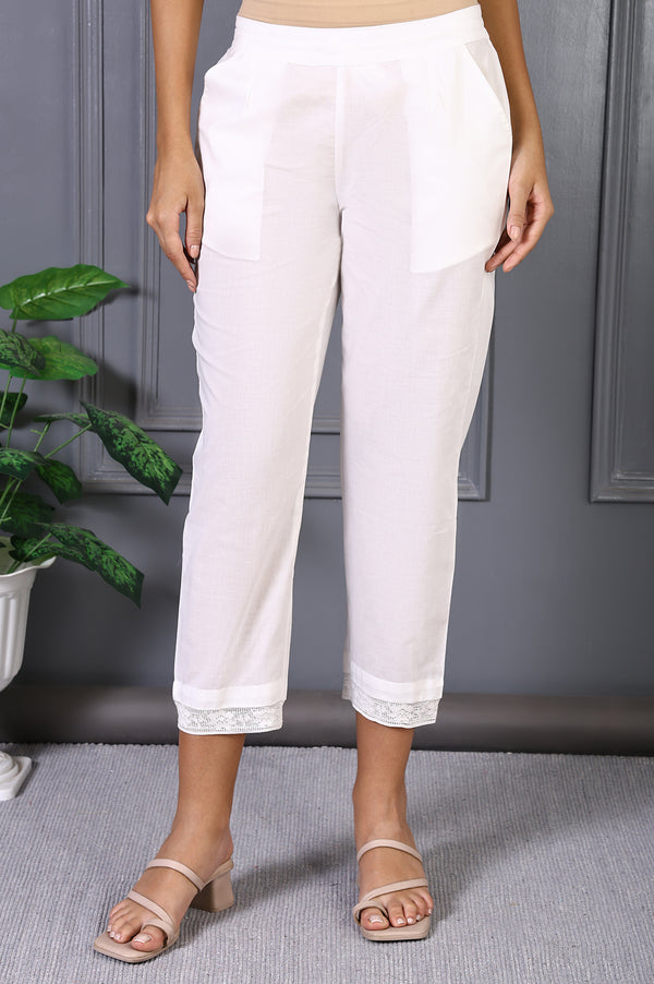 White Solid Pure Cotton Slim Pants with Lace