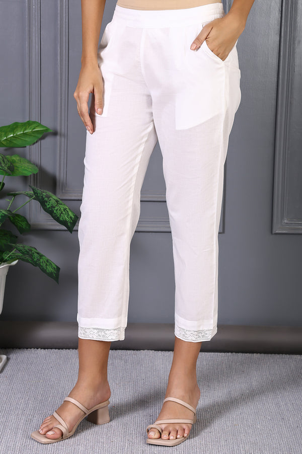 White Solid Pure Cotton Slim Pants with Lace