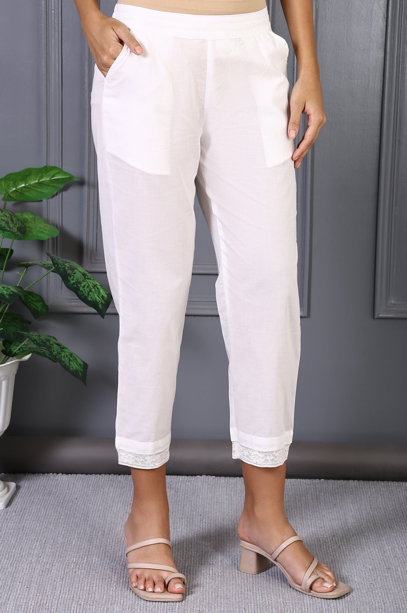 White Solid Pure Cotton Slim Pants with Lace