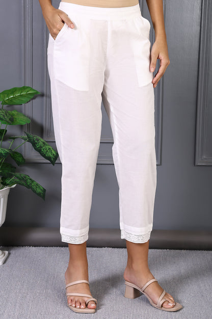 White Solid Pure Cotton Slim Pants with Lace