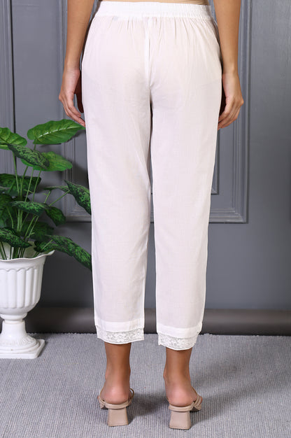 White Solid Pure Cotton Slim Pants with Lace