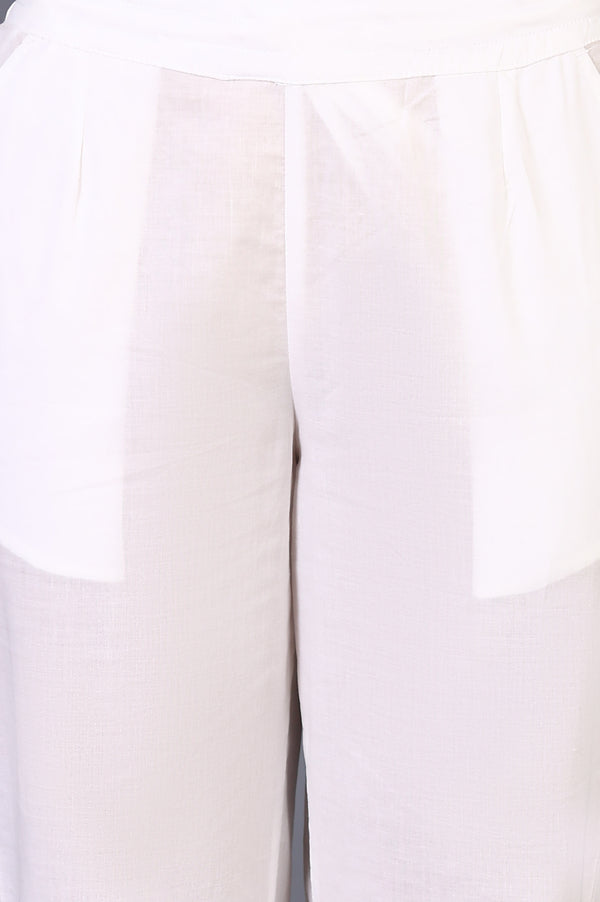 White Solid Pure Cotton Slim Pants with Lace