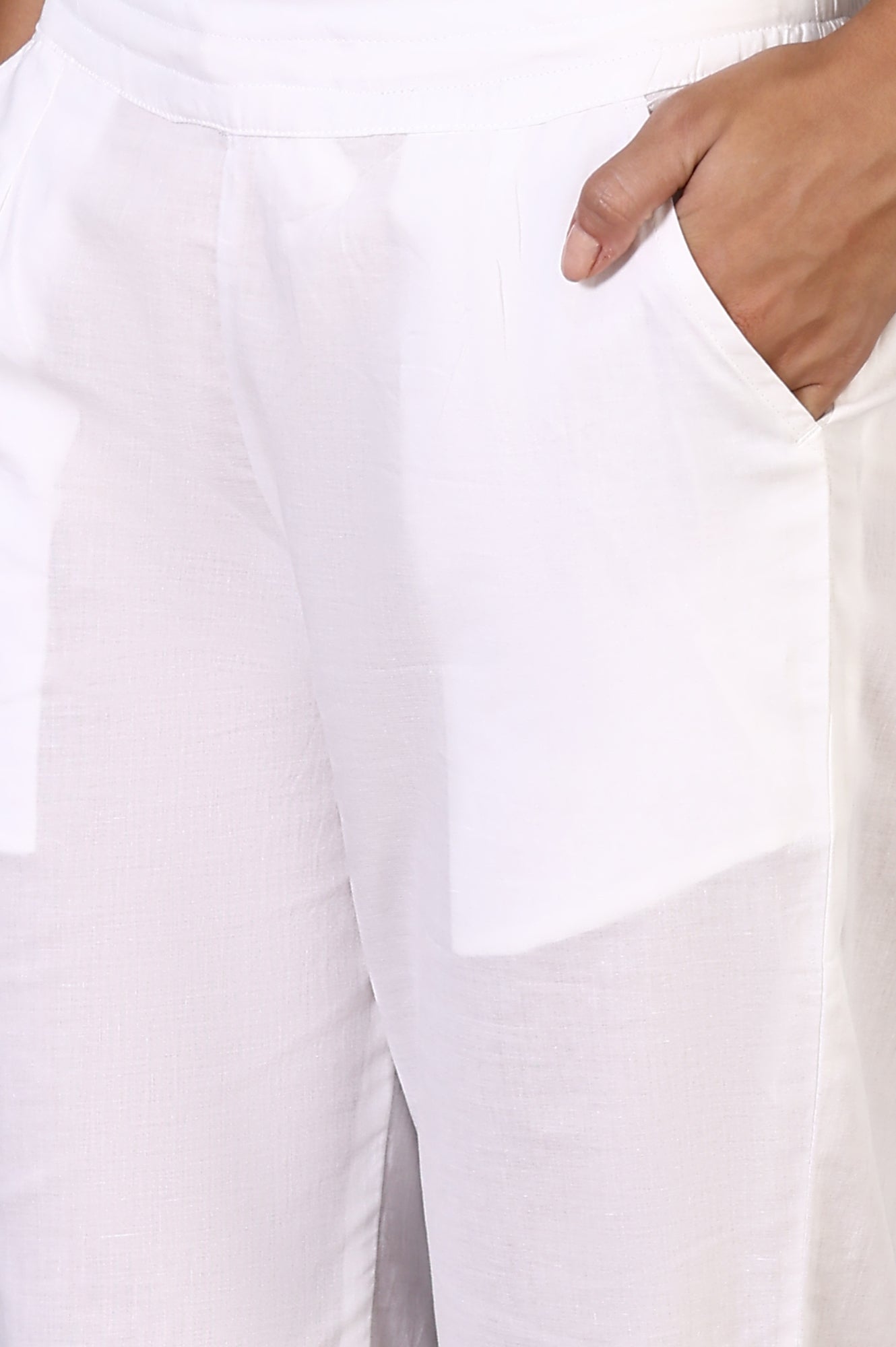 White Solid Pure Cotton Slim Pants with Lace