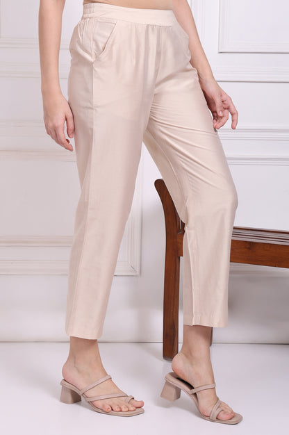 Beige Solid Rayon Straight Pants