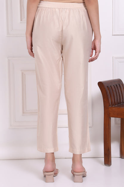 Beige Solid Rayon Straight Pants