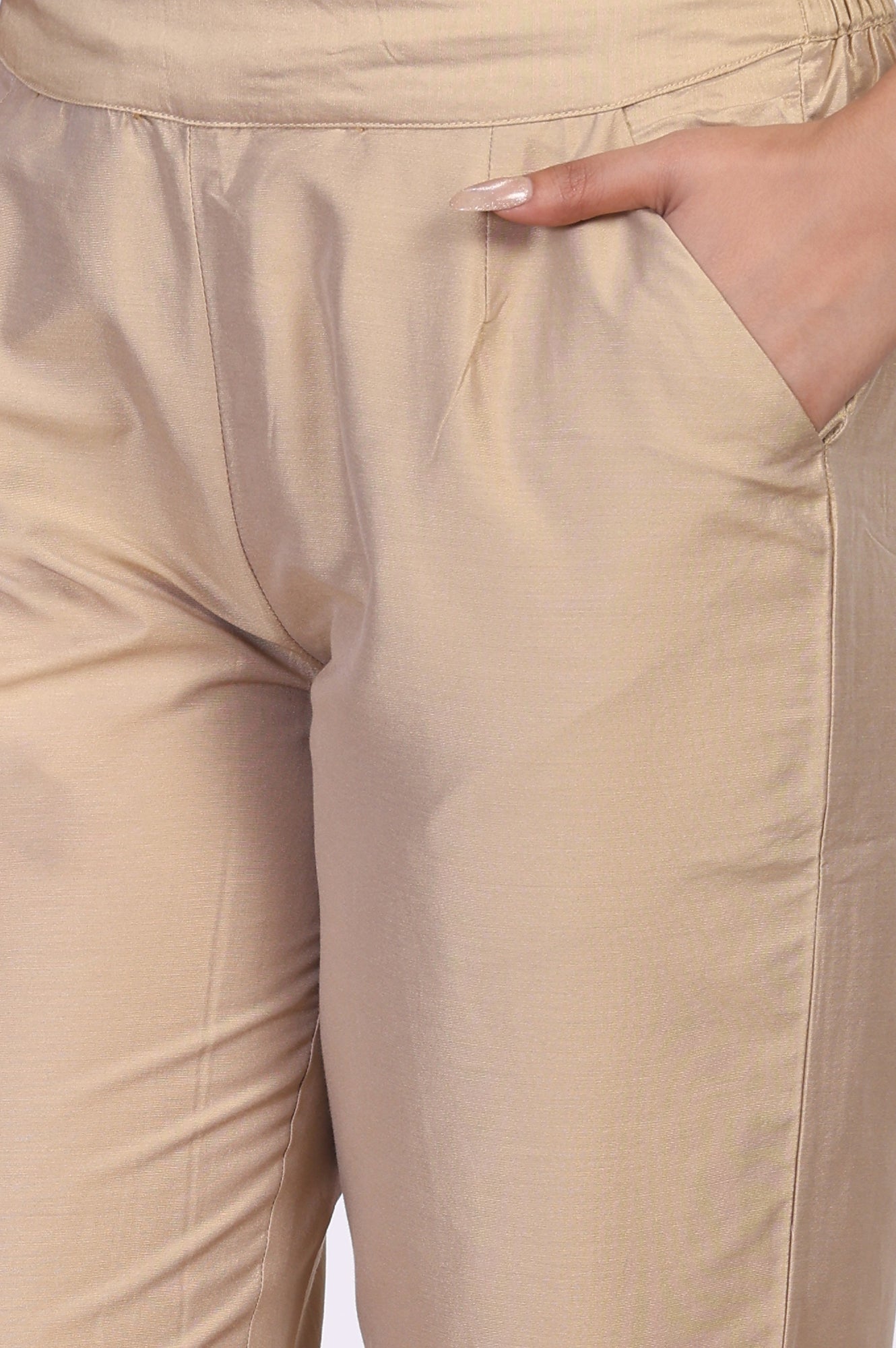 Beige Solid Cropped Rayon Straight Pant