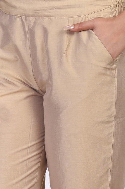 Beige Solid Cropped Rayon Straight Pant