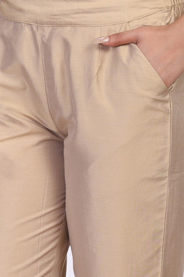 Beige Solid Cropped Rayon Straight Pant
