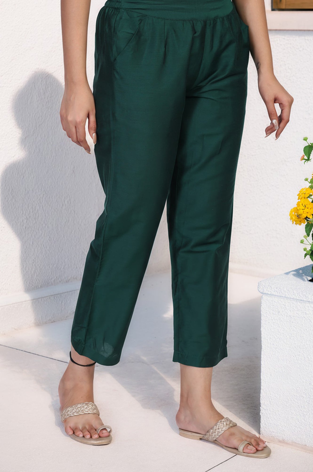 Green Cropped Rayon Straight Pant