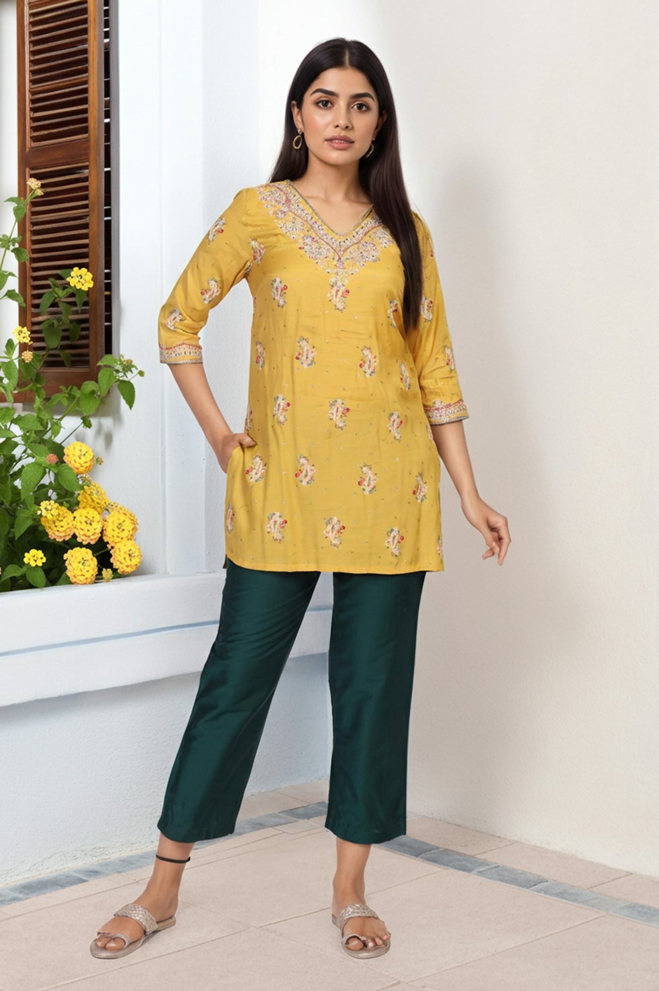 Green Cropped Rayon Straight Pant