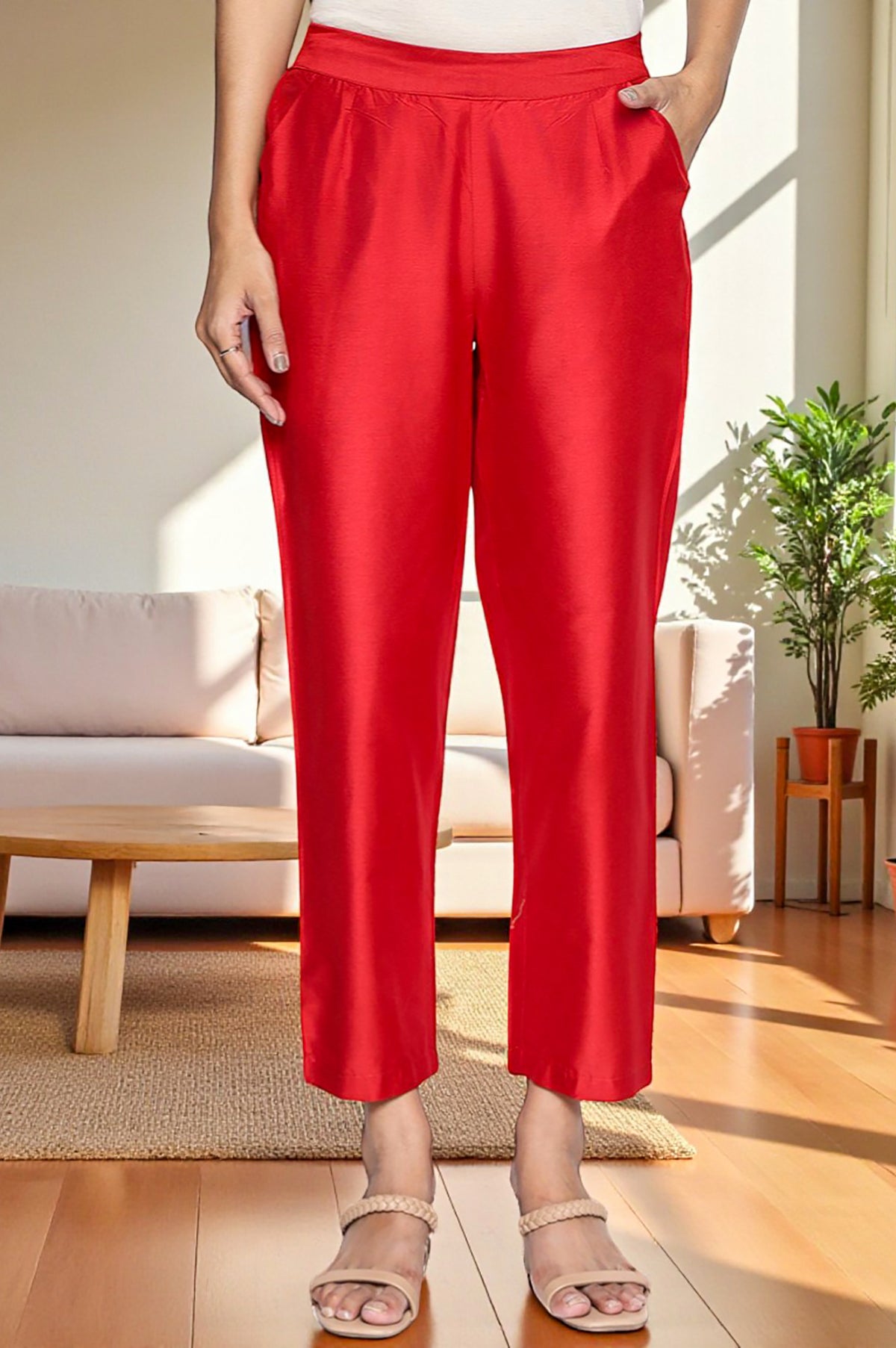 Cherry Red Solid Printed Straight Pant - S