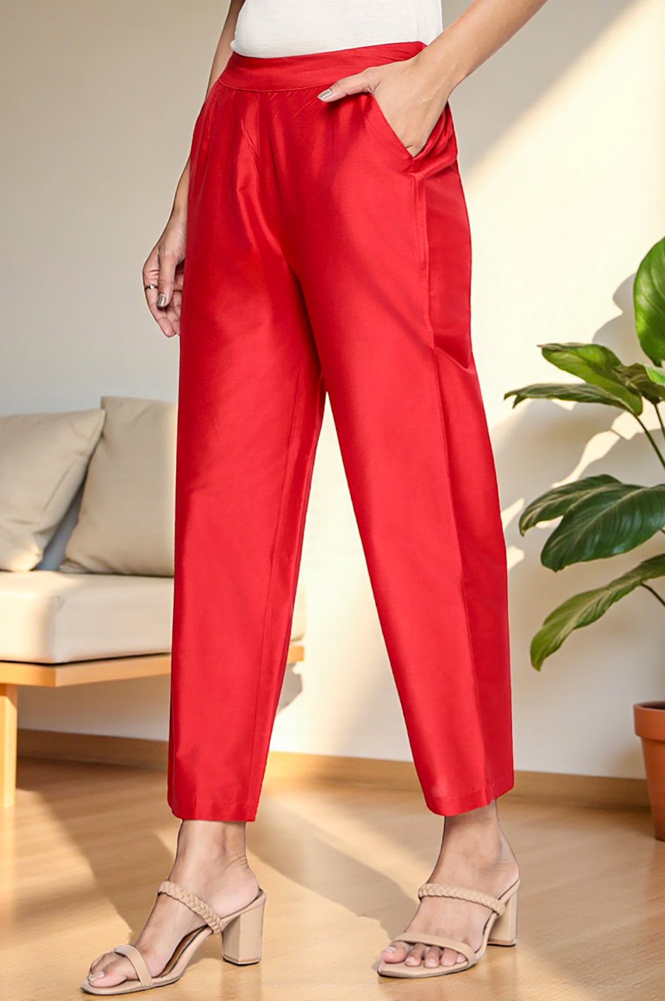 Cherry Red Solid Printed Straight Pant