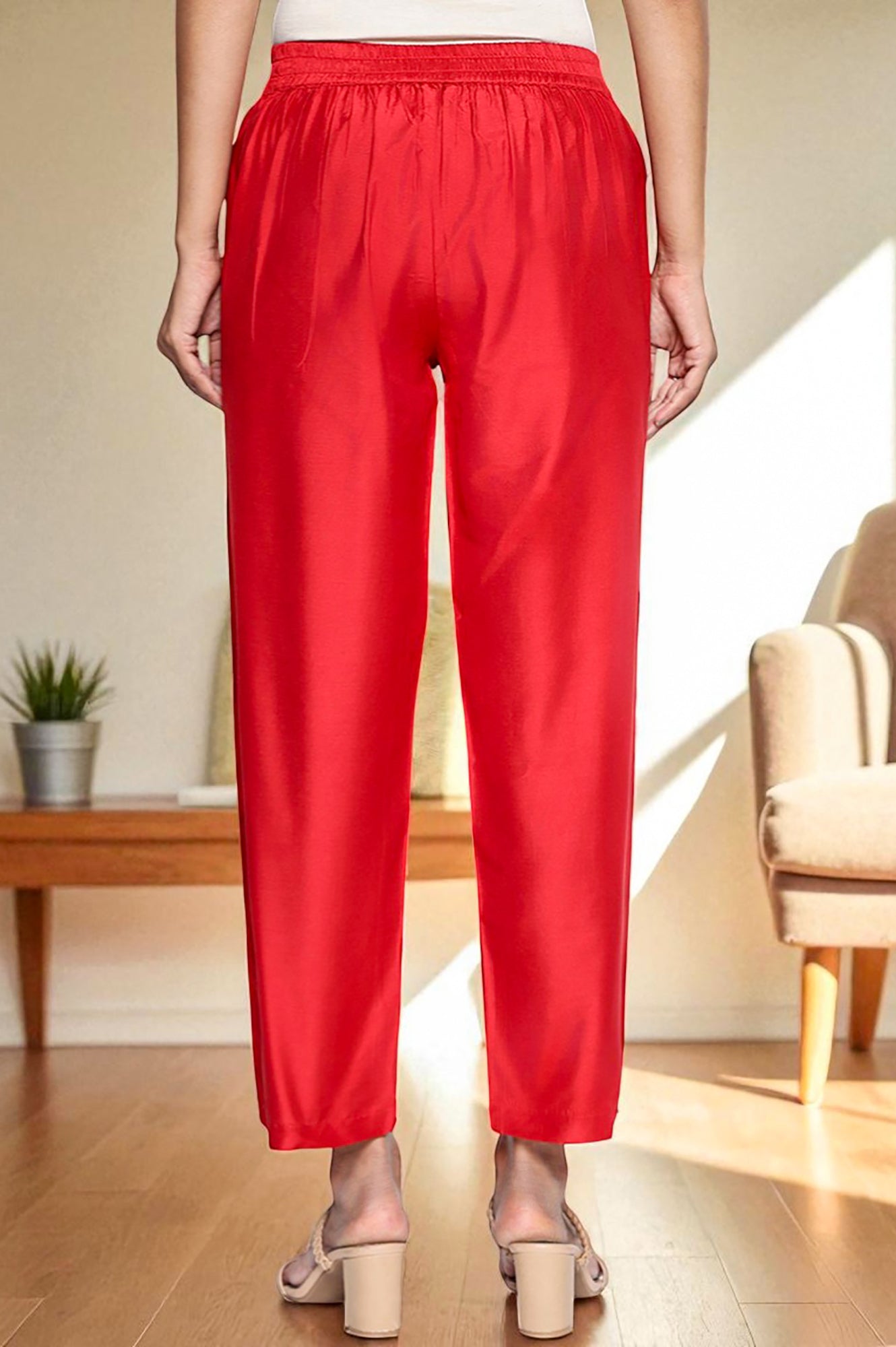 Cherry Red Solid Printed Straight Pant