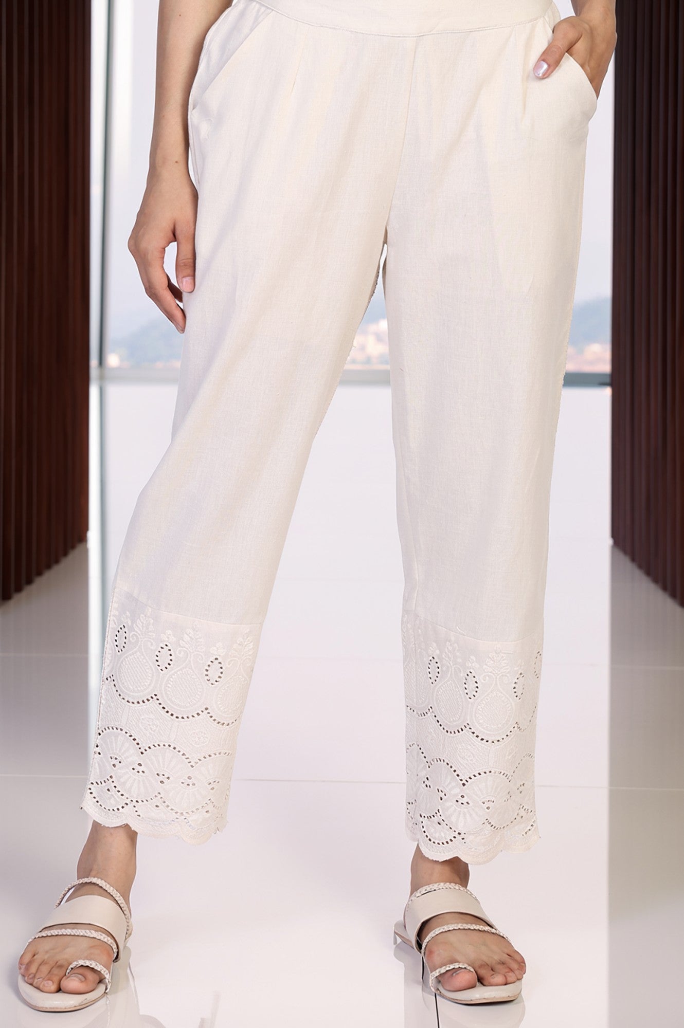 Off-White Embroidered Cropped Cotton Straight Pant