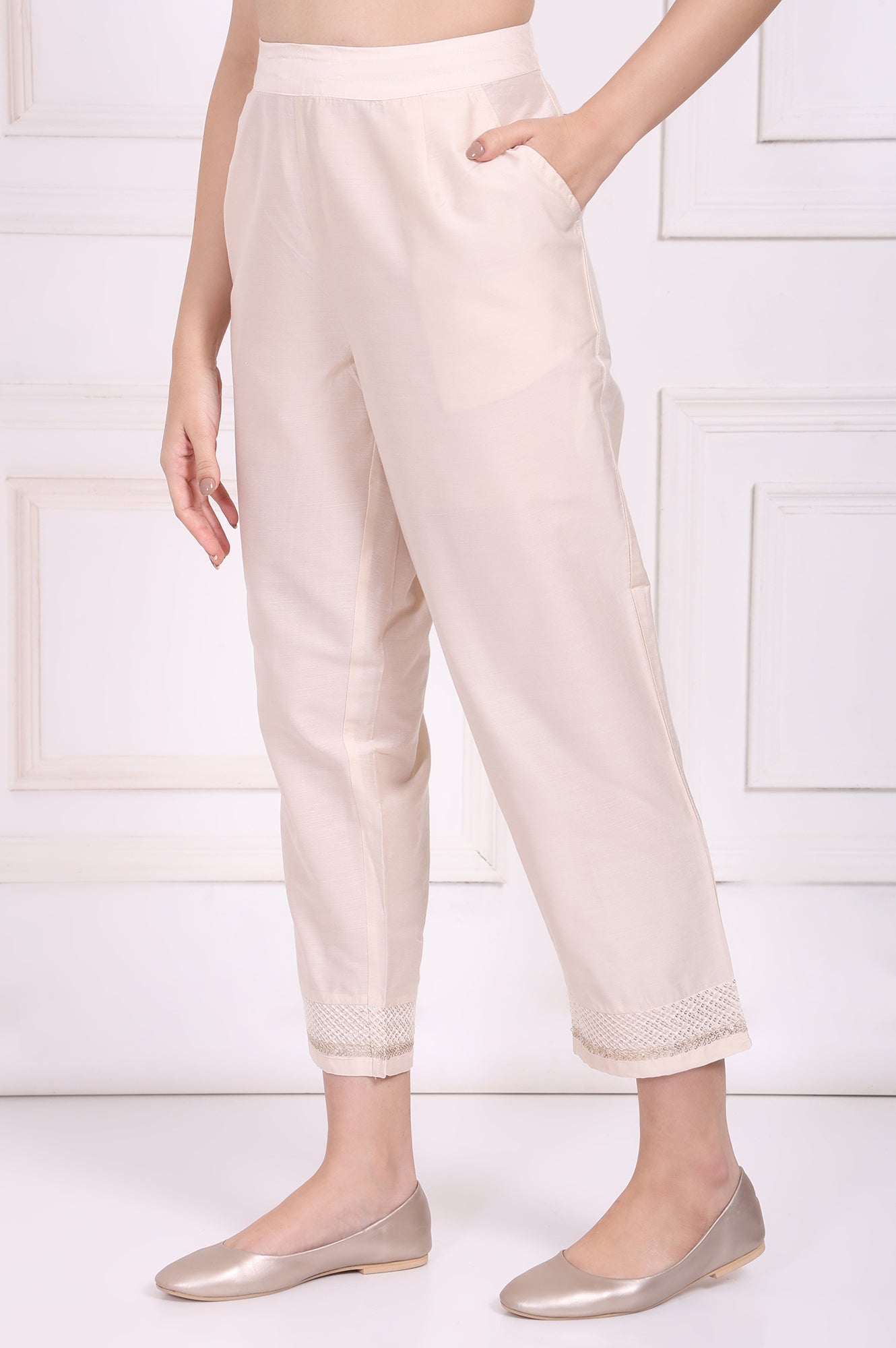 Off-White Embroidered Cropped Rayon Straight Pant