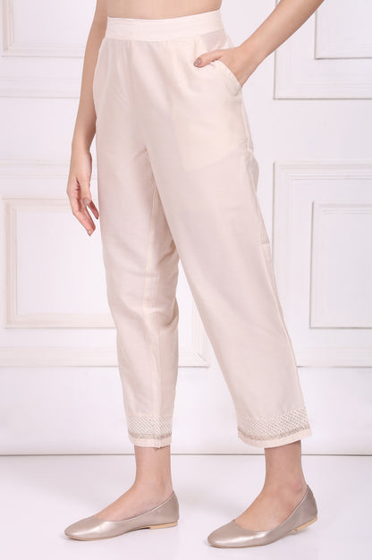 Off-White Embroidered Cropped Rayon Straight Pant