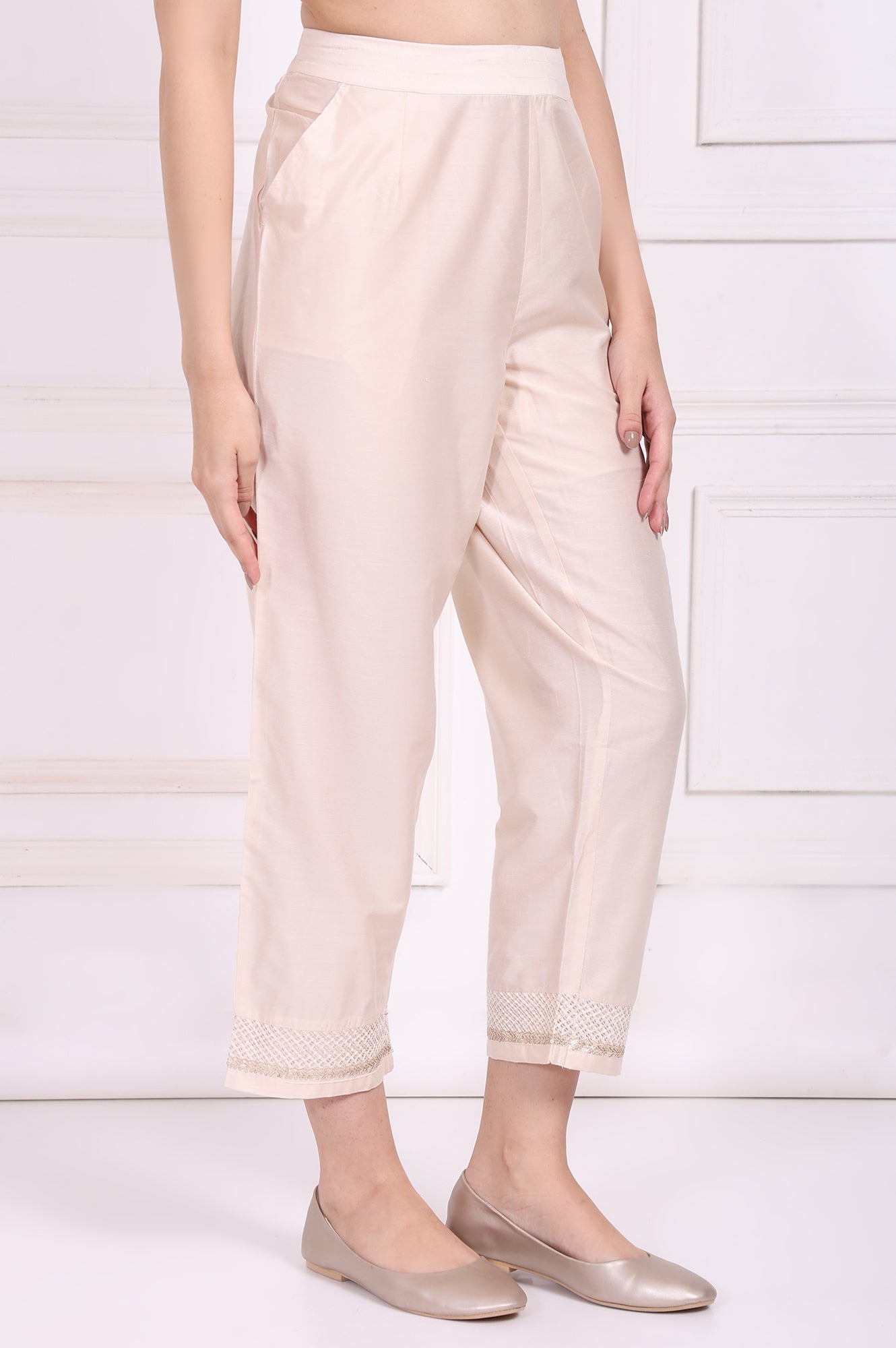 Off-White Embroidered Cropped Rayon Straight Pant