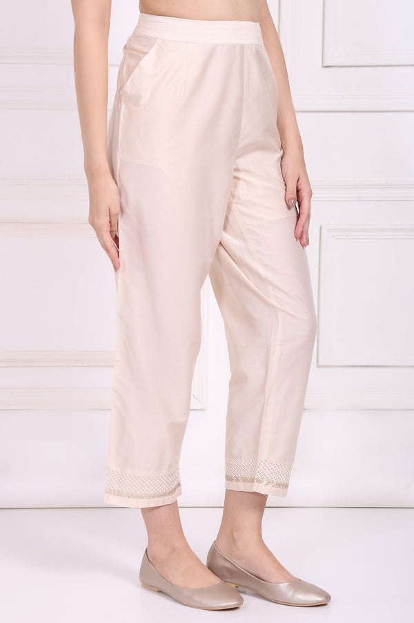 Off-White Embroidered Cropped Rayon Straight Pant