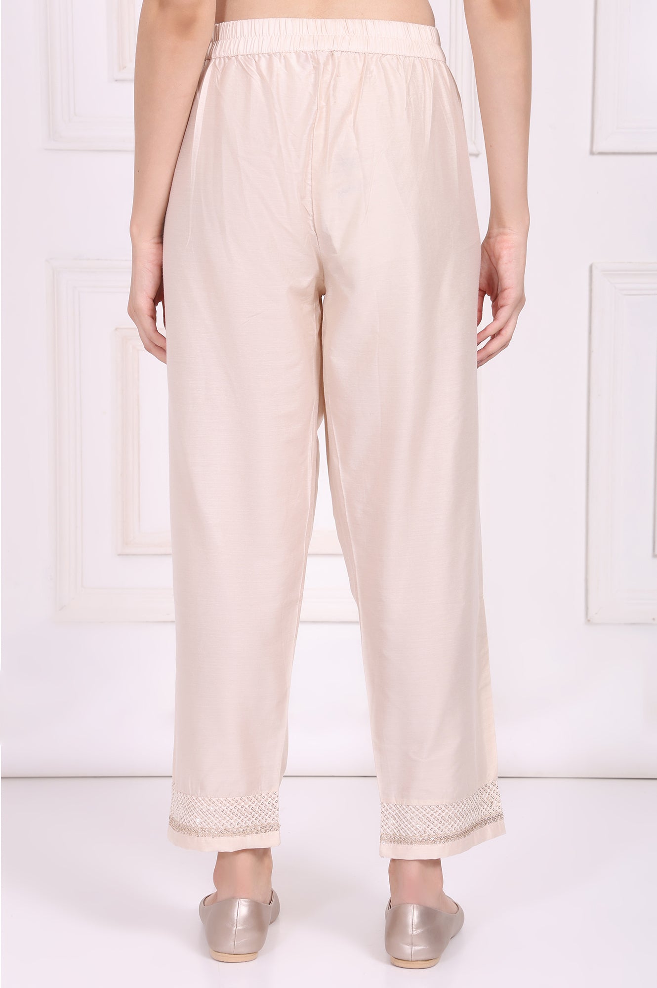 Off-White Embroidered Cropped Rayon Straight Pant