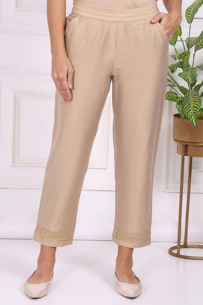 Beige Solid Embroidered Mid Rise Ankle Length Straight Pants