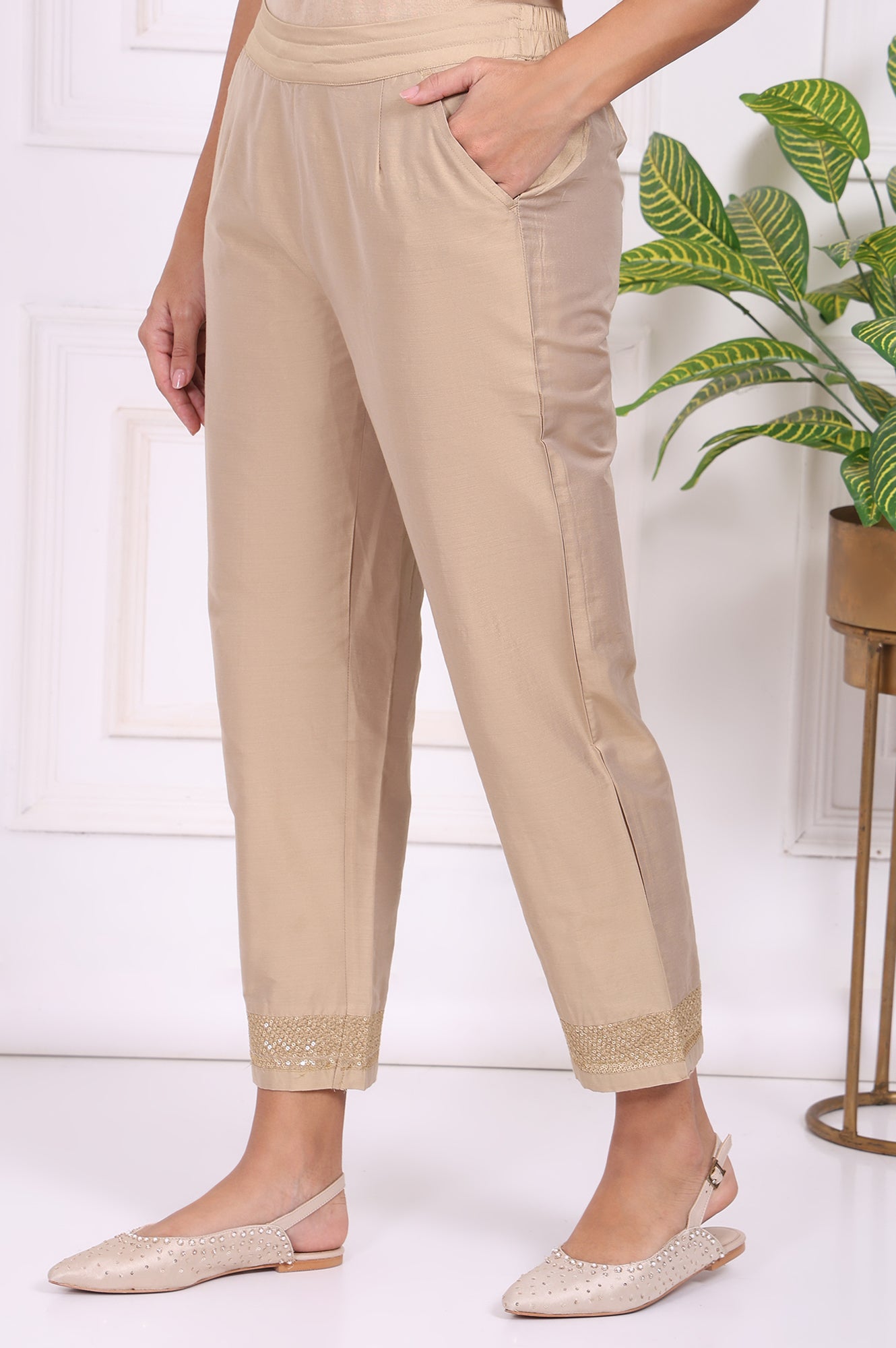 Beige Solid Embroidered Mid Rise Ankle Length Straight Pants