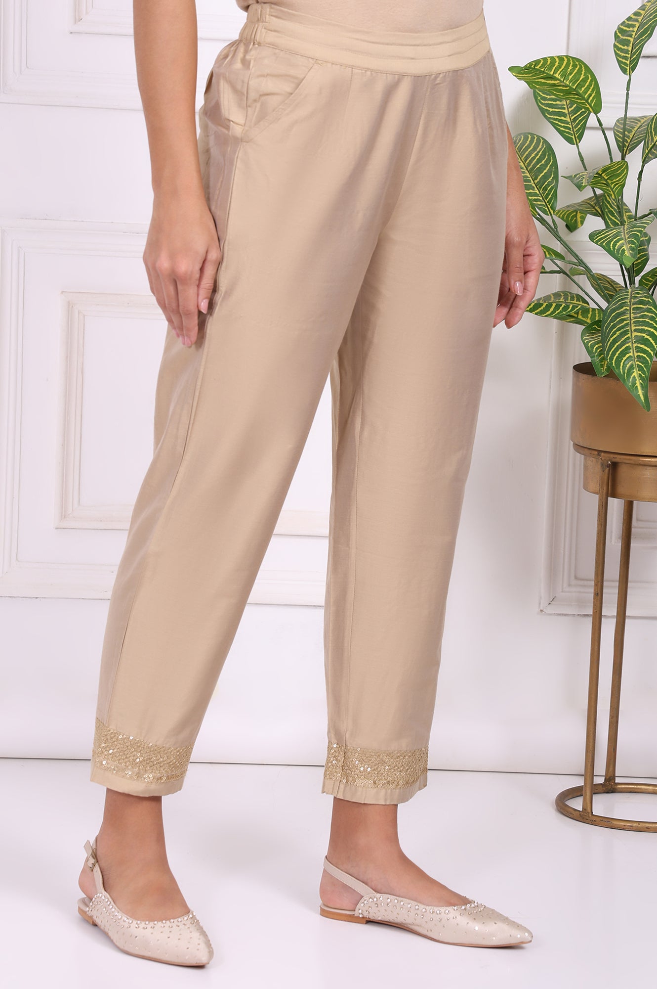 Beige Solid Embroidered Mid Rise Ankle Length Straight Pants