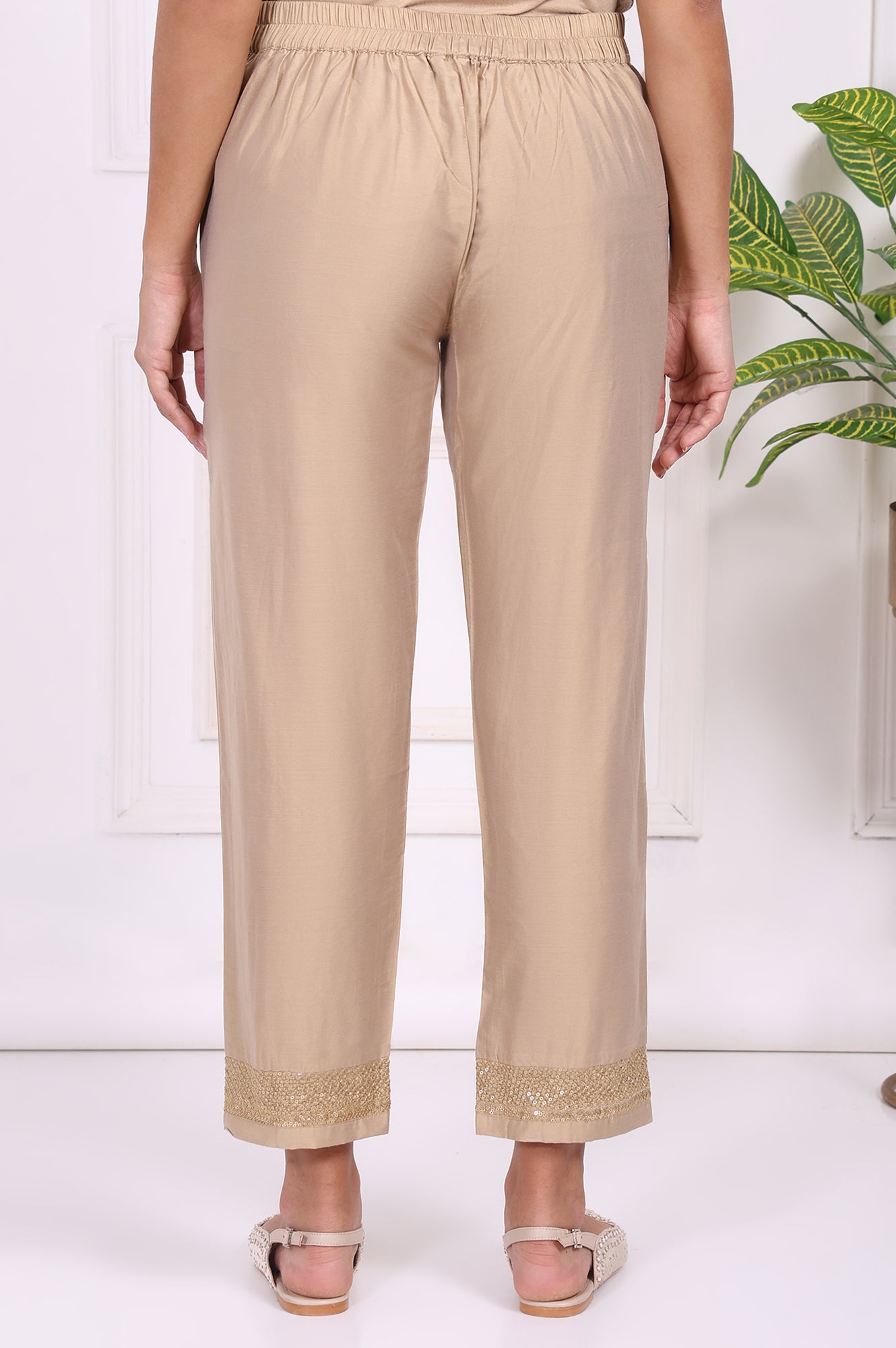 Beige Solid Embroidered Mid Rise Ankle Length Straight Pants
