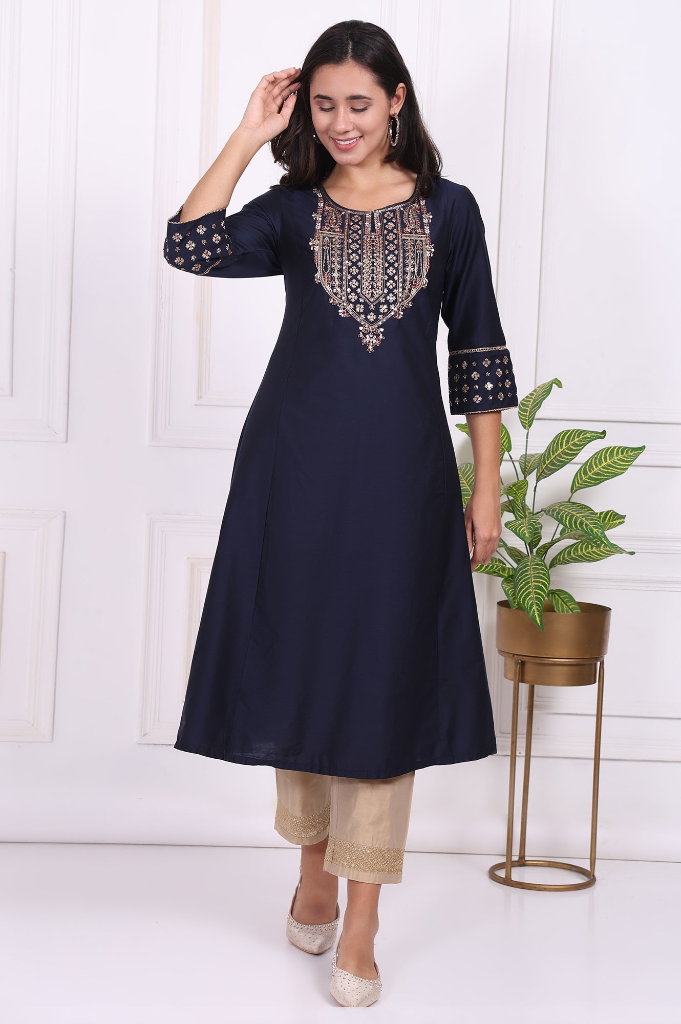 Beige Solid Embroidered Mid Rise Ankle Length Straight Pants