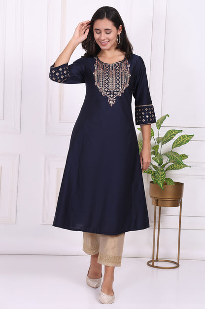 Beige Solid Embroidered Mid Rise Ankle Length Straight Pants