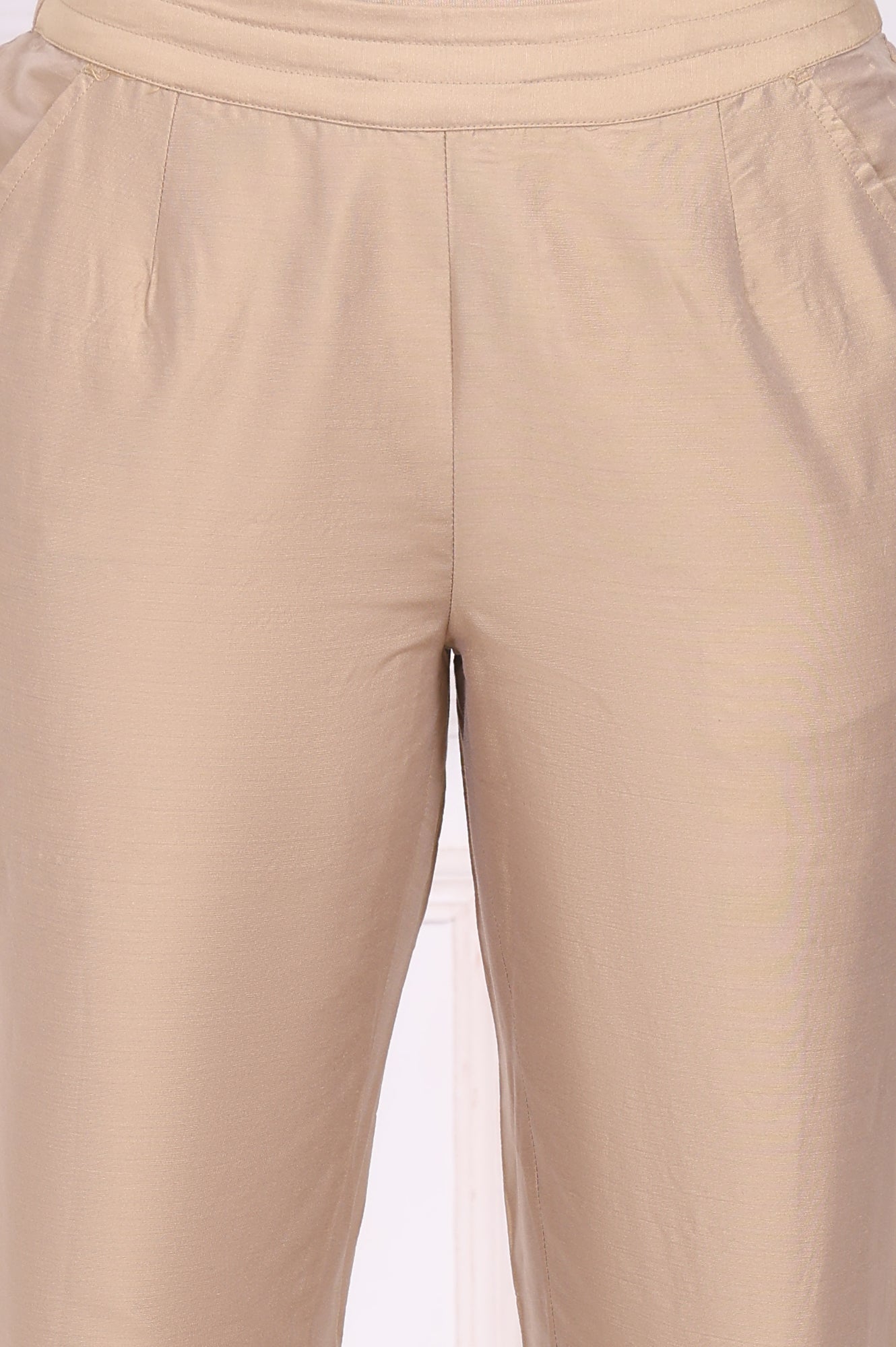 Beige Solid Embroidered Mid Rise Ankle Length Straight Pants